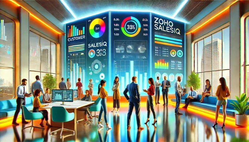 A vibrant, modern illustration of a business team in a sleek, futuristic office space, interacting with diverse customer avatars. The office features advanced technology, with a large digital screen prominently displaying "Zoho SalesIQ" alongside key metrics, data insights, and customer engagement statistics. The team members appear engaged and collaborative, symbolising efficiency and proactive customer support. The colour palette includes dynamic blues, greens, and oranges, creating an energetic and innovative atmosphere. The scene conveys personalisation, cutting-edge solutions, and streamlined operations, emphasising the power of Zoho SalesIQ.